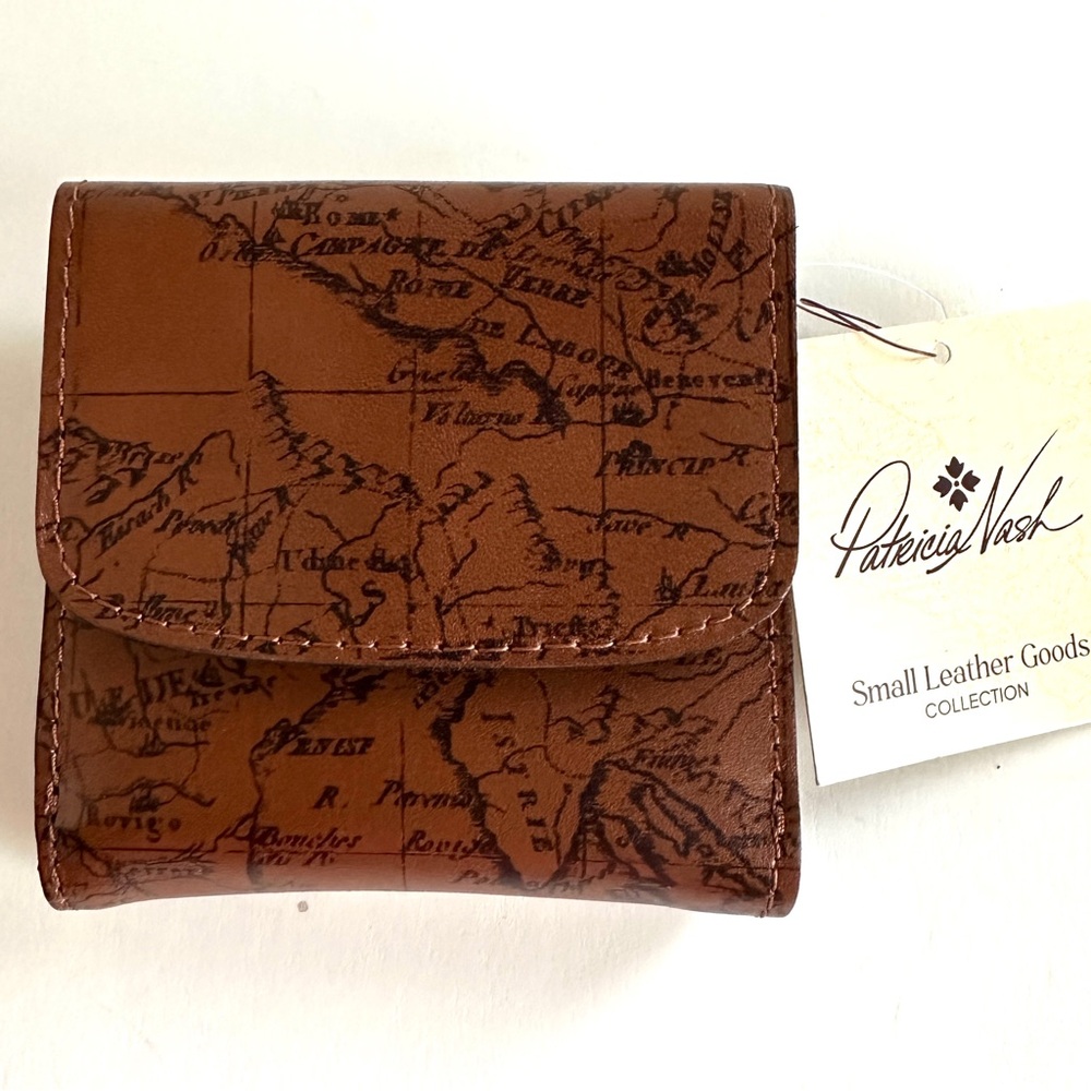 NEW! PATRICIA NASH ASTRA SIGNATURE MAP LEATHER BI-FOLD RDIF RUST CARD WALLET NWT